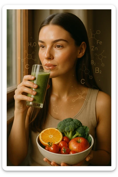 A highly realistic, cinematic portrait of a young woman in her late 20s with glowing, clear, healthy skin and a vibrant scalp with strong, shiny hair, symbolizing internal health reflecting outward. She has a calm, confident expression while sitting by a window with warm daylight softly illuminating her face, highlighting smooth, hydrated skin with a natural glow. Her hair appears clean, full, and strong, indicating a healthy scalp and balanced sebum production. She is drinking a glass of green smoothie rich in antioxidants and holding a bowl of colorful fruits and vegetables, symbolizing how internal nutrition supports skin and scalp health. Subtle, softly glowing overlays of molecular symbols for vitamins, minerals, and hydration molecules gently swirl around her, visually representing the concept of beauty and skin health from the inside out. Style: 35mm hyperrealistic film look, warm tones, soft depth of field, focusing on clear skin texture, healthy scalp, and vibrant hair to inspire holistic wellness sticker