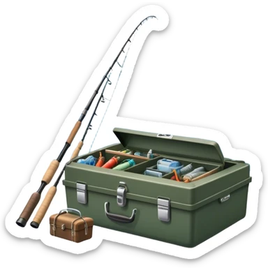 Icon for Fishing: a fishing rod and tackle box next to a boat on the shore of a serene lake, with a scenic natural background, including trees and water. The icon should represent the peacefulness of fishing. Transparent background, no border. sticker