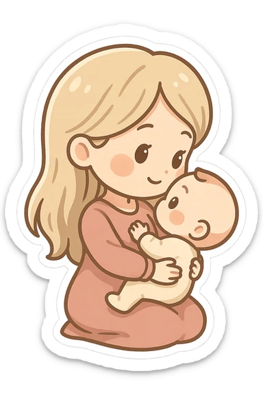 mom with long light hair holding a baby in her arms, they look at each other, side view, chibi stickers style, thin clean outlines, soft rounded shapes, pastel palette, detailed shadows and highlights, soft lighting sticker