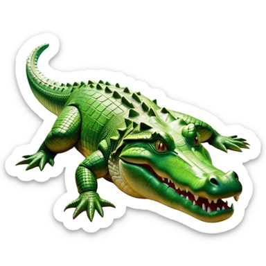 cinematic-crocodile-realistic-full-body-lounging-emoji,-massive-scaled-body-partially-submerged-in-shallow-water,-head-tilted-dramatically,-rough-green-and-brown-hide-textured-with-deep-ridges,-simplified-yet-realistic-focused-features,-highly-detailed,-glowing-with-an-almost-sarcastic-glow sticker