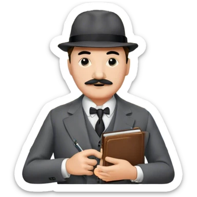 A cinematic-style frame showing Hercule Poirot in his iconic suit with a notebook in a dramatic detective pose. Background should be mysterious city, map, a board with photos of suspects, clues like fingerprints. Transparent background. sticker