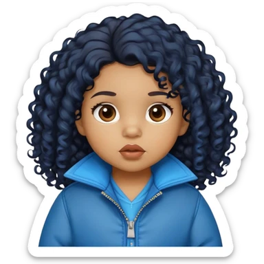light brown skin tone, very adorable toddler, with big plump lips, long long lashes, black curly hair, middle hair parting, brown eyes, blue jacket sticker