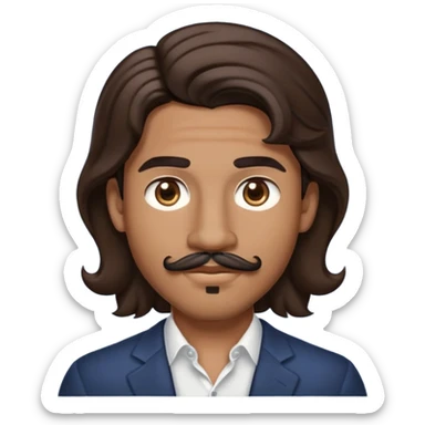 Apple-style emoji of young man with medium brown skin, mixed-race ethnicity, long wavy dark brown hair with perfect center part, cartoon-like stylized appearance, mustache separated from goatee, medium brown eyes, small diamond stud earrings, head only with no shoulders or neck sticker