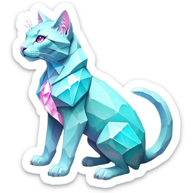 This fascinating hybrid creature combines the rocky ferocity of Boulderbite with the mystical elegance of Etherfeline. The result is a creature with a core body composed of angular, faceted stones in varying shades of turquoise, pink and gray. From the cracks between these stones emanates a soft blue ethereal glow. It has the general shape of a feline, but with crystalline rock formations creating its limbs and body. Its large, expressive eyes feature purple irises with amber outer rings, giving it a hypnotic gaze. The creature sports pointed ears lined with purple crystal formations, and a tuft of blue flame-like energy flows from the diamond on its head and along its spine. Its tail is a flexible chain of smaller rocks wrapped in the same ethereal blue energy. When it opens its mouth, sharp crystalline teeth are revealed, though its expression is more mysterious than threatening. Small whiskers  extend from its muzzle, occasionally emitting tiny ice crystals. full body sticker