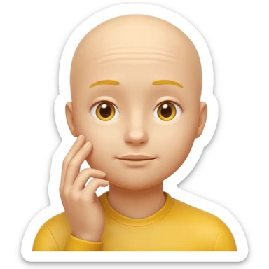 a 3D rendered yellow round face emoji with a thoughtful expression, one hand touching the chin in a pondering pose, no hair, smooth glossy surface, realistic shading and soft studio lighting, subtle reflections for depth, clean white background, high-quality digital render sticker