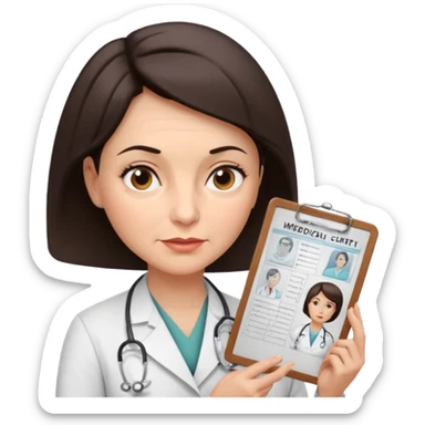 A female doctor in her 50s with visible facial wrinkles, dark brown short bob hair, her body turned slightly at an angle, with her gaze clearly directed downward and fixed on the medical chart she is reviewing. sticker