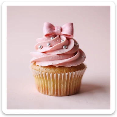 realistic cupcake with pink icing, photorealistic style, with a tiny fondant bow and silver dragees as accessories sticker
