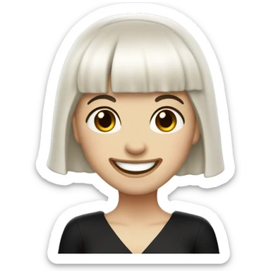 girl with very pale skin dark brown very short hair black dress and bangs laughing with veil sticker