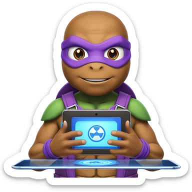 Donatello from Teenage Mutant Ninja Turtles, emoji style, using a hologram device, with a blue hacking interface on the screen sticker