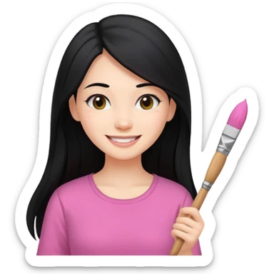 Painting women. smilling   Long black hair,  lunette peinture top pink, pinceau sticker