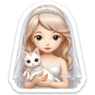 Very dreamy-beautiful-fashionable and elegant-wearing a wedding dress-with a veil-woman-holding a kitten-shiny-ladylike-soft style-kawaii-beautiful-hair-fairy style- sticker