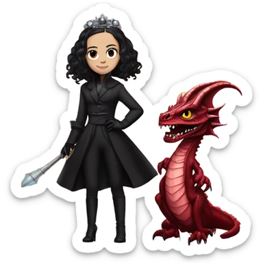 Lavish Victorian evening gown with gloves, Jenna Ortega as Addams girl Jedi wearing a mini tiara, standing next to a very large blood red evil-looking horned dragon sticker