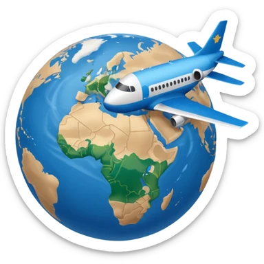Generate a Google-style emoji representation that is not hyper-realistic but maintains a clear and recognizable depiction of a globe showing Europe and Africa.Include a plane flying around the globe, leaving a visible air trail. ensure the design can be easily understood at a small scale sticker