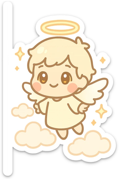 chibi angel with soft glowing halo, small white wings, gold eyes, blushing cheeks, pastel white and gold, floating, dreamy, sparkles, clouds, kawaii celestial sticker sticker