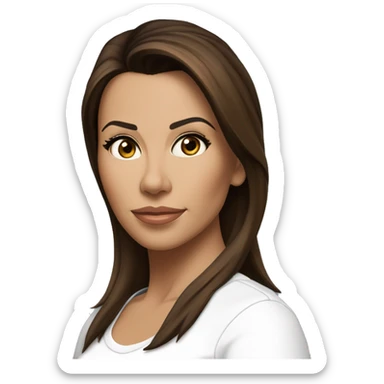 3/4 face, contrasted, shadow, light, Eva Longoria expression, standing from a distance, thin nose, brunette woman, hazel eyes, long eyelashes, dark shoulder shaded hair, white t-shirt, jeans, white sneakers sticker