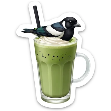 It’s an Australien Magpie (just black and white feathers) sitting on an iced matcha latte on the edge of the glass. It has green matcha on its beak indicating it drank. The iced matxha latte is in a see through glass and white from the oat milk on the bottom and green on top… one straw and ice cubes sticker