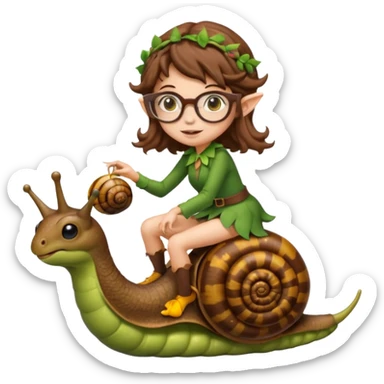 tiny forest elf woman brown wavy hair glasses riding a snail sticker