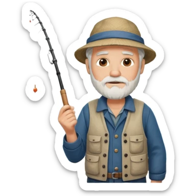 an old white haired, bearded man in fisherman attire, stood in a boat at sea, holding a fishing rod and catching fish with it. sticker