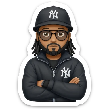 African American man with shoulder length black dreadlocks with black beard wearing  dark black sunglasses with a black bubble winter coat wearing a New York Yankees baseball cap with arms folded on chest sticker