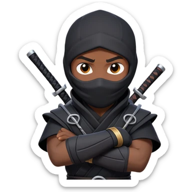 clash-of-clans-aesthetic_-cinematic-mysterious-male-ninja-portrait-emoji, rendered in a flat, vector-style with minimal shading and bold, simplified shapes, his arm is stretched out  with a head slightly turned revealing intense, focused eyes. the ninja has his arm out and perched on top of his forearm is  a black crow sticker