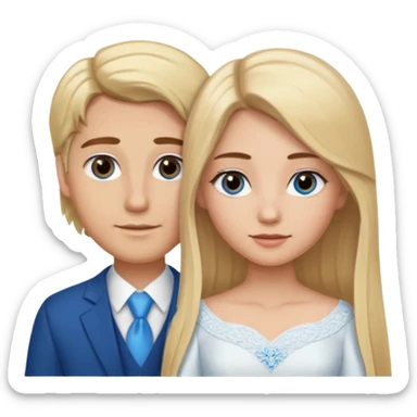 a blonde girl with a middle part with long hair and blue eyes and brown eyebrows marrying a man with light brown hair with a middle part and brown eyes  sticker