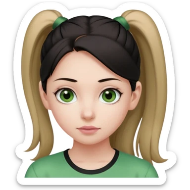 create an emoji of a young woman. She has a kind look, with long light brown hair in a single ponytail with a black hair tie, dark green eyes, pale skin, natural soft pink lips. she wears a green y2k top sticker