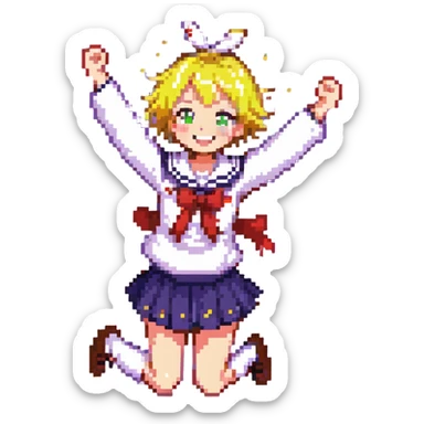 Pixel art anime girl with short bright yellow hair wearing Japanese sailor style school uniform, jumping excitedly with arms raised high, big smile and sparkling happy eyes sticker