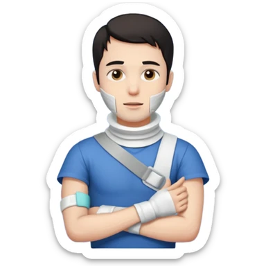 Dark haired guy, right arm in cast with neck braces sticker