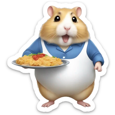 obese hamster holding a platter of food like a waitress sticker