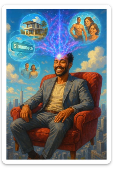 Un uomo sorridente e radioso, in abito elegante ma rilassato, seduto su una poltrona di velluto rosso fluttuante nel cielo sopra una città moderna. Dal suo terzo occhio (sulla fronte) si sprigiona un ologramma cosmico che mostra le sue visualizzazioni: una villa sul mare, un conto bancario con cifre infinite, un corpo atletico e persone felici intorno a lui sticker