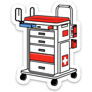 Singular Red medical crash cart is a mobile, multi-drawer unit designed to store and organize emergency medical supplies and equipment and a cardiac defibrillator on top sticker