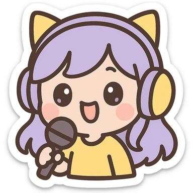chibi-style streamer girl emoji, purple and yellow theme, holding a microphone, playful expression, cute details sticker