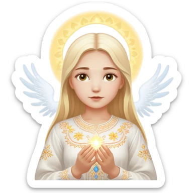 Young Ukrainian girl with blonde hair wearing a traditional white embroidered shirt (vyshyvanka) gently holding a glowing ethereal light representing the soul in her hands sticker