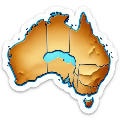 Cinematic-realistic outline of Australia, featuring its distinct landmass with accurately defined coastlines. The deep blue ocean surrounds the golden-brown continent, with subtle topographic shading to highlight its terrain. A soft glowing effect enhances the edges, making the shape stand out against a neutral, textured background. sticker