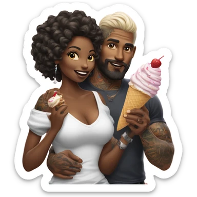 Hyper Realistic beautiful woman in the arms of a very handsome tattooed man sharing ice cream  sticker