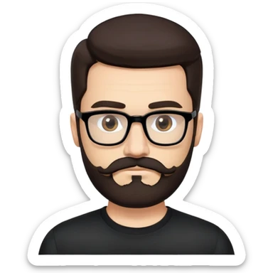 Caucasian male, medium-length straight dark brown hair combed back, thick dark eyebrows, rectangular black eyeglasses, full beard and mustache neatly groomed, neutral facial expression, wearing a black crew neck shirt. sticker
