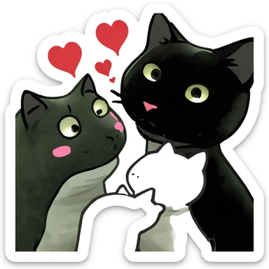 Big black cat is kissing a small white cat with hearts above sticker