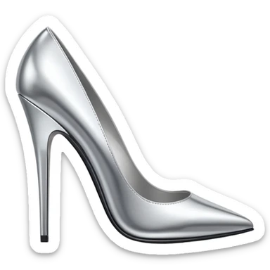 A pair of high heel shoes emoji made of polished silver chrome, elegant sharp silhouette, smooth metallic surface, glossy reflections, luxury sexy vibe, minimalistic iOS emoji style, centered, clean white background sticker