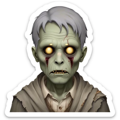 Cinematic Noble Zombie Portrait Emoji, Surprisingly dignified and somber, with a decaying yet strangely regal visage in ashen grays and muted tones, draped in tattered attire hinting at a lost grandeur, simplified yet meticulously detailed, glowing with a soft, eerie radiance and a gentle outline that evokes the tragic nobility of the undead! sticker