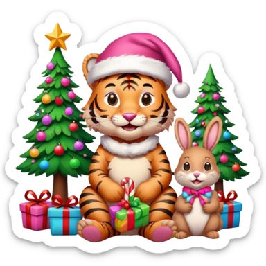 Smiling Pink tiger with Santa sitting with a bunny as friends and brightly lit colorful Christmas trees and candy canes 🎁  sticker