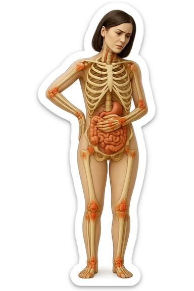 donna realistica a figura intera con red spot sparsi alle ossa, ossa del corpo visibili sul corpo, non sul volto iperrealistico 4k sticker