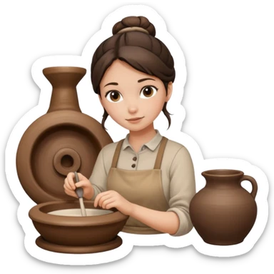 Brunette girl with a bun, behind the potter's wheel, wearing neutral clothing sticker