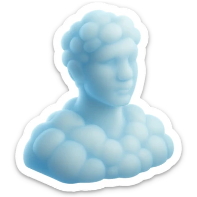 person looking straight, made entirely of white fluffy convex clouds, shoulder up, matte glass style, clouds with light blue glow sticker