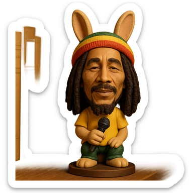 a bobblehead style bunny with Bob Marley's facial features, reggae hat, calm expression, holding a microphone sticker