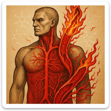 anatomical illustration of a human body section with arteries inflamed by oxidized omega-6 fatty acids flowing like fire; hexane molecules as chemical ghosts; strong exterior, red and inflamed interior; bright red tones, surreal medical style sticker