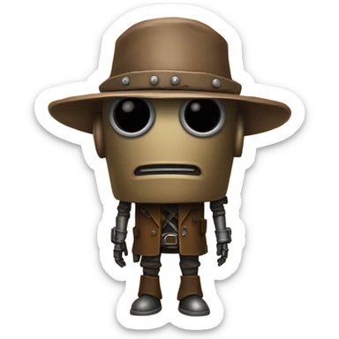 human-sized wild west star wars Bounty hunter cowboy droid wearing a small hat relaxed pose bearded rusty sticker