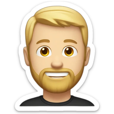 White guy, short bearded, no hair, blonde with a simple black t-shirt smiling sticker