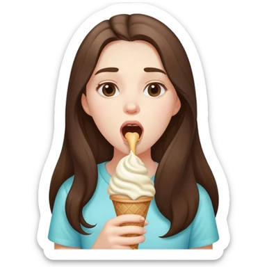 beautiful pale brunette girl with long hair enjoying an ice cream mouth closed sticker