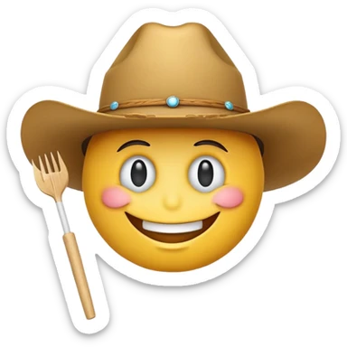 A regular smiley face emoji wearing a cowboy had with a toothpick sticking out of its mouth sticker