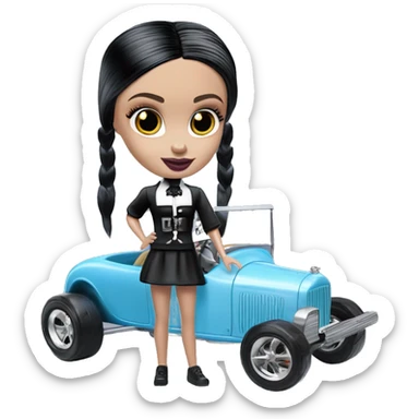 Side view Baby blue Wednesday Addams Barbie Hot wheels Bone Shaker street rod sticker